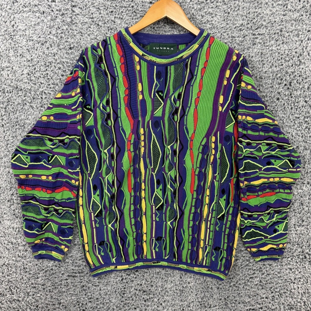 Vintage Tundra Sweater Mens XL 3D Knit Coogi Style Canada Colorful 90s